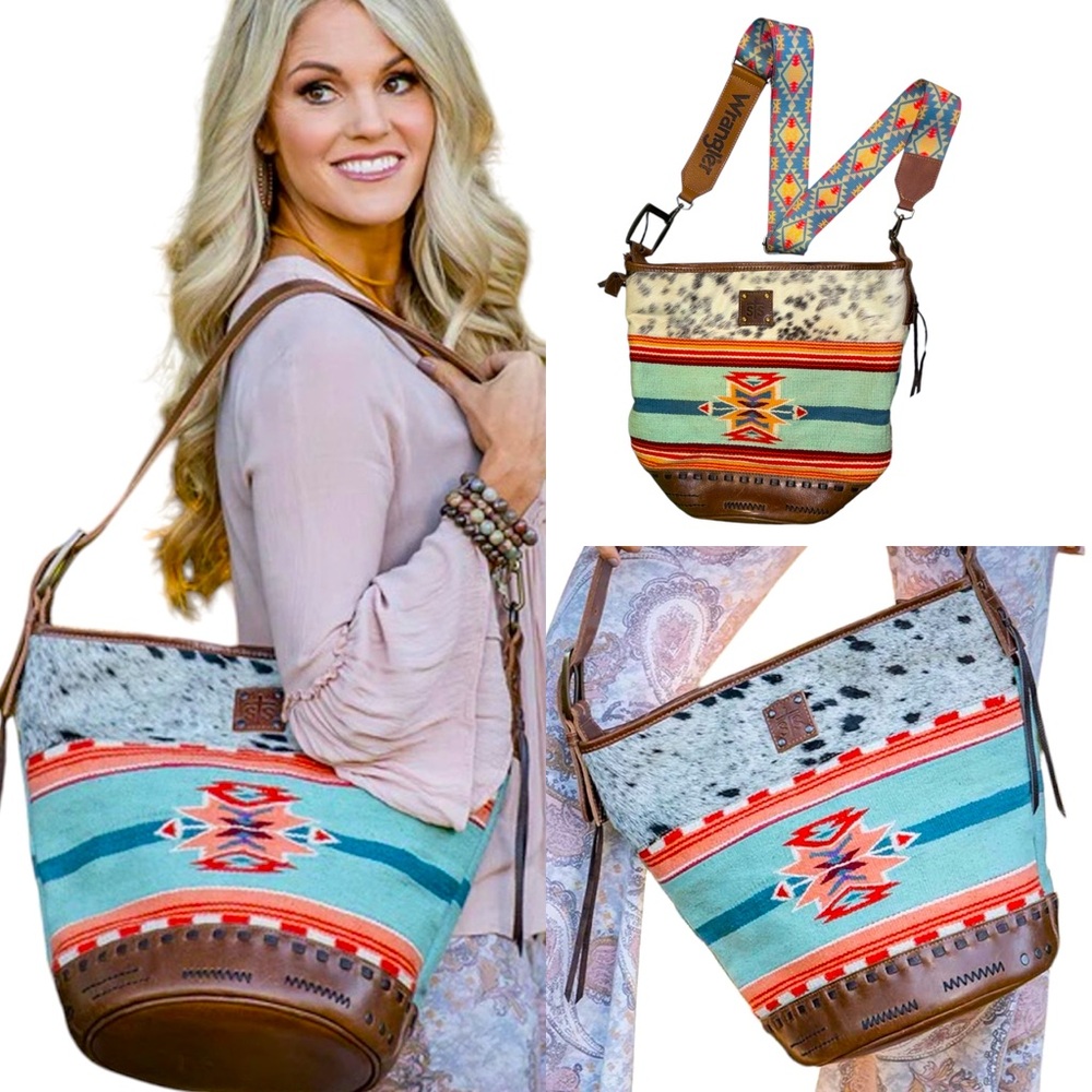 STS Ranchwear Phoenix Serape Crossbody Purse Sultry Tan w/ Wrangler Strap EUC